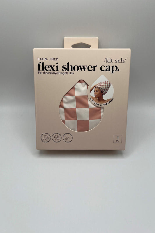 Satin Lined Flexi Shower Cap - Terracotta Checker