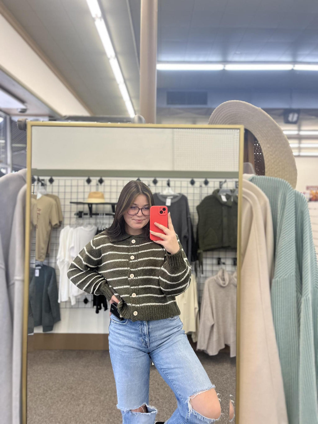Striped Collared 5 Button Cardigan - DK Olive
