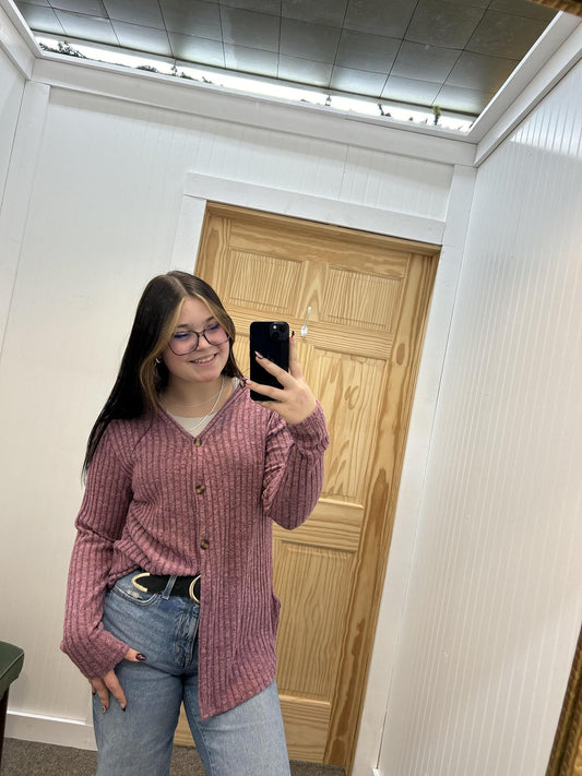 Long Sleeve V-Neck Button Cardigan - Fuchsia