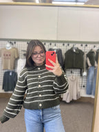 Striped Collared 5 Button Cardigan - DK Olive