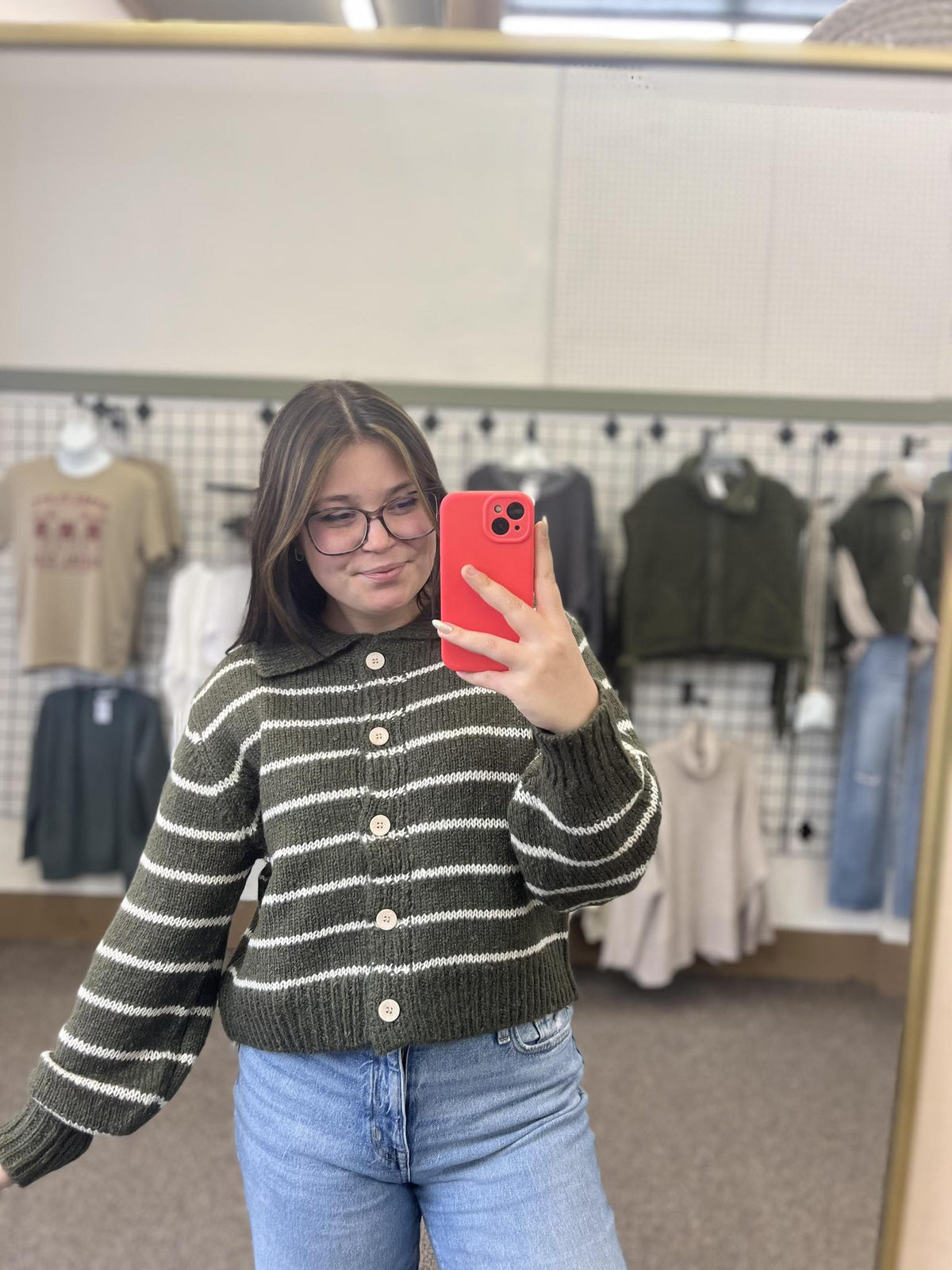 Striped Collared 5 Button Cardigan - DK Olive
