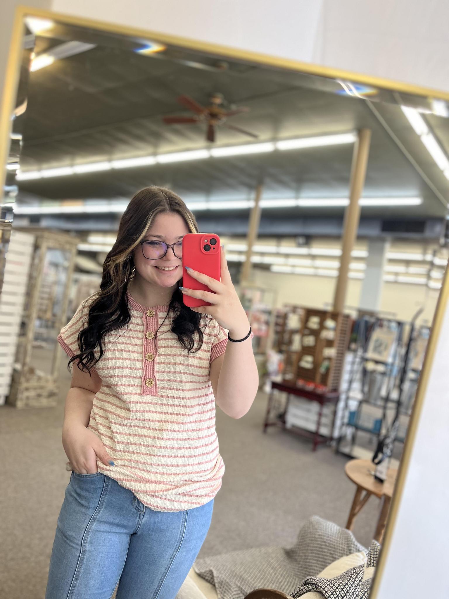 Stripped Tee W/Buttons - Cream/Rose