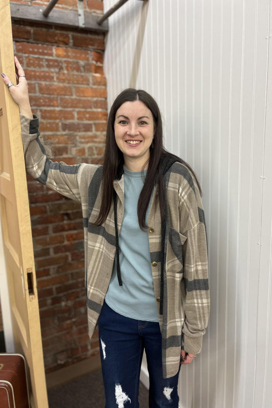 Hooded Soft Plaid Shacket - Mocha