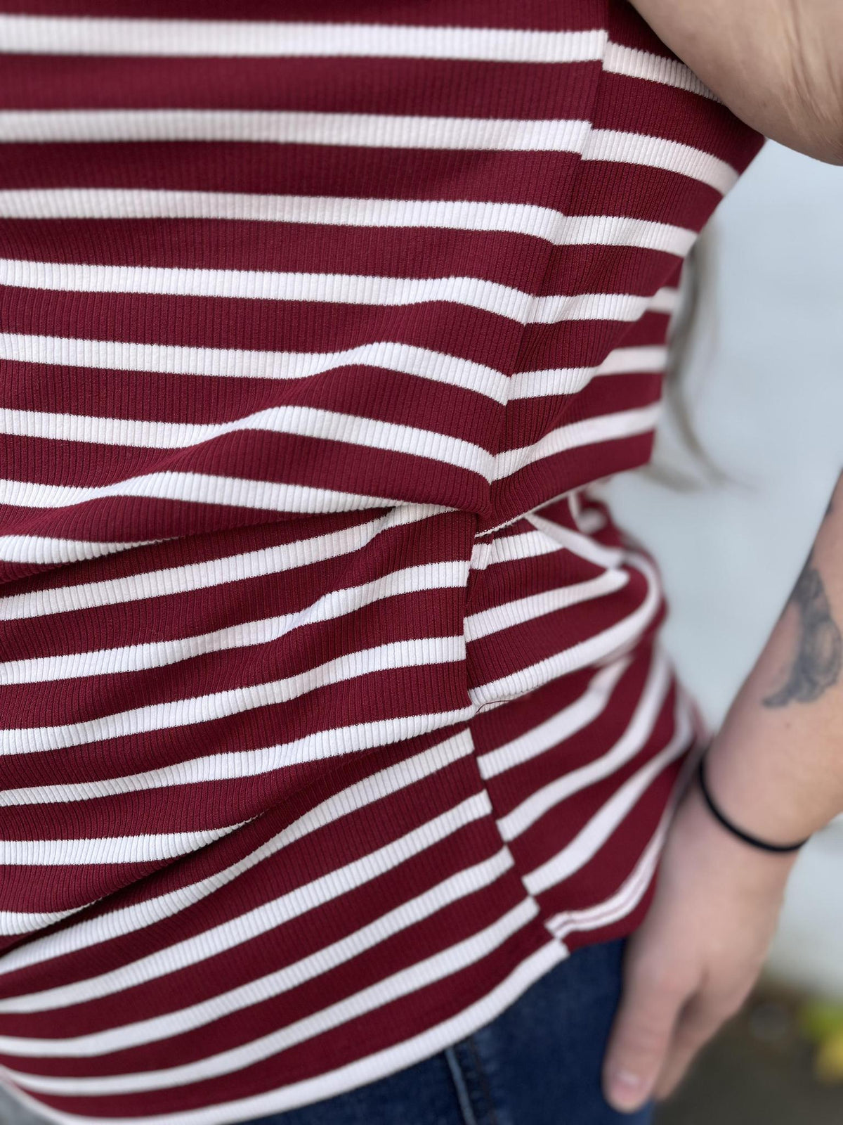 Stripe Short Sleeve Round Neck Top - Red
