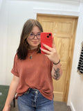 Rib Cuff Sleeve Raw Edge Top - Rust