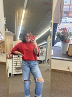 Mock Neck Short Sleeve Sweater Red