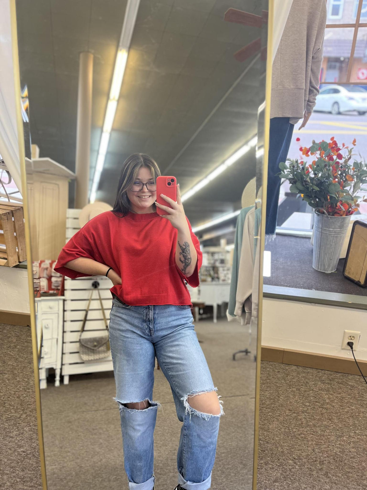 Mock Neck Short Sleeve Sweater Red