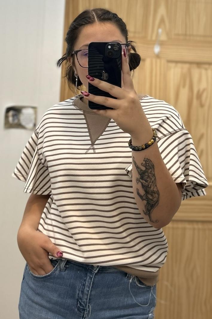 Contrast Striped Ruffle Short Sleeve Top
