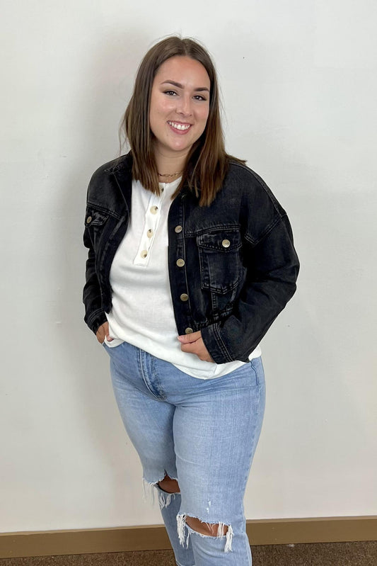 Charcoal Cropped Denim Jacket with Ribbed Hem